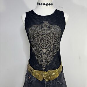 Vtg MANON Black Mesh Beaded Mandala Top Embellished Tank Indie Glam 90s Grunge S